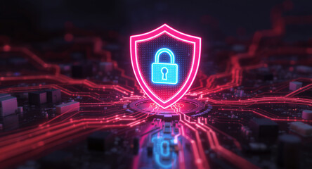 Digital firewall visualization: A brightly glowing shield, with a pink outline and a blue padlock icon inside, acts as a central hub on a complex motherboard. Glowing red data lines flow towards it.