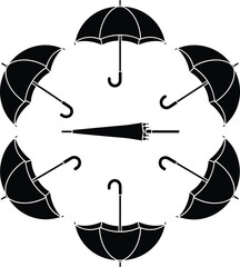 Silhouettes of umbrellas arranged in circular pattern, open and closed designs, black figures on white background, symmetrical artistic weather concept scene