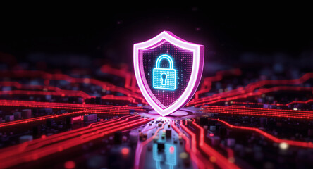 Digital firewall visualization: A brightly glowing shield, with a pink outline and a blue padlock icon inside, acts as a central hub on a complex motherboard. Glowing red data lines flow towards it.