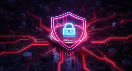 Digital firewall visualization: A brightly glowing shield, with a pink outline and a blue padlock icon inside, acts as a central hub on a complex motherboard. Glowing red data lines flow towards it.
