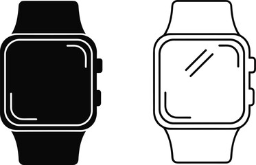 Smartwatch icon set, black and white illustration, wearable tech, digital device, fitness tracker, modern gadget, technology accessory, vector graphic design