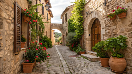 Naklejka premium Alleyway in a rustic European village, lined with stone buildings.