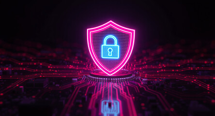 Digital firewall visualization: A brightly glowing shield, with a pink outline and a blue padlock icon inside, acts as a central hub on a complex motherboard. Glowing red data lines flow towards it.