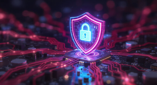 Digital firewall visualization: A brightly glowing shield, with a pink outline and a blue padlock icon inside, acts as a central hub on a complex motherboard. Glowing red data lines flow towards it.