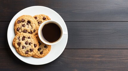 Obraz premium Delicious Chocolate Chip Cookies and Coffee on Dark Wooden Table