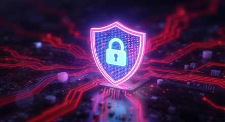 Digital firewall visualization: A brightly glowing shield, with a pink outline and a blue padlock icon inside, acts as a central hub on a complex motherboard. Glowing red data lines flow towards it.