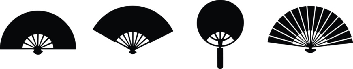 Traditional Japanese and Chinese fans, silhouette set, cultural accessory, folding, round design, decorative art, vector illustration, ceremonial, antique style