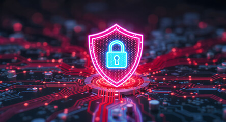 Digital firewall visualization: A brightly glowing shield, with a pink outline and a blue padlock icon inside, acts as a central hub on a complex motherboard. Glowing red data lines flow towards it.