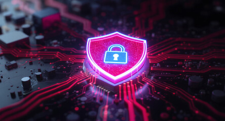 Digital firewall visualization: A brightly glowing shield, with a pink outline and a blue padlock icon inside, acts as a central hub on a complex motherboard. Glowing red data lines flow towards it.