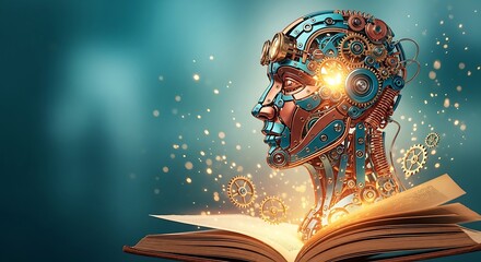 Abstract human head emerging from open book with glowing energy