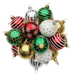 A pile of festive christmas ornaments in various colors isolated on transparent background