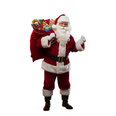 Santa claus with a sack of gifts giving a thumbs up isolated on white isolated on transparent background