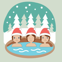 Three smiling people in Santa hats relax in hot tub surrounded by snowy forest Illustration
