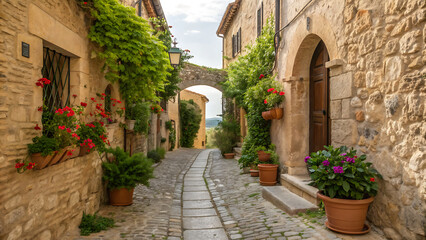 Fototapeta premium Alleyway in a rustic European village, lined with stone buildings.