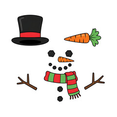 A cute snowman made of parts including a hat, carrot, and scarf isolated on transparent background