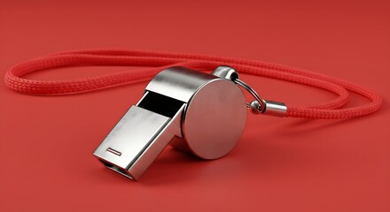 Shiny silver coach's whistle with a vibrant red lanyard, a symbol of authority and sports.