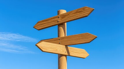 Fototapeta premium Wooden Directional Sign Against Blue Sky, Pointing Different Ways