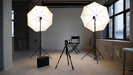 Professional Photography Studio Setup with Softbox Lighting and Camera Equipment Ready for Creative Production