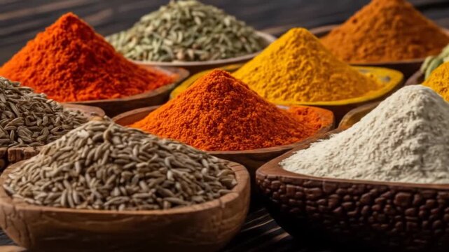 Aromatic Spices: Colorful Powders and Seeds in Wooden Bowls on Dark Wood Table, Culinary Still Life
