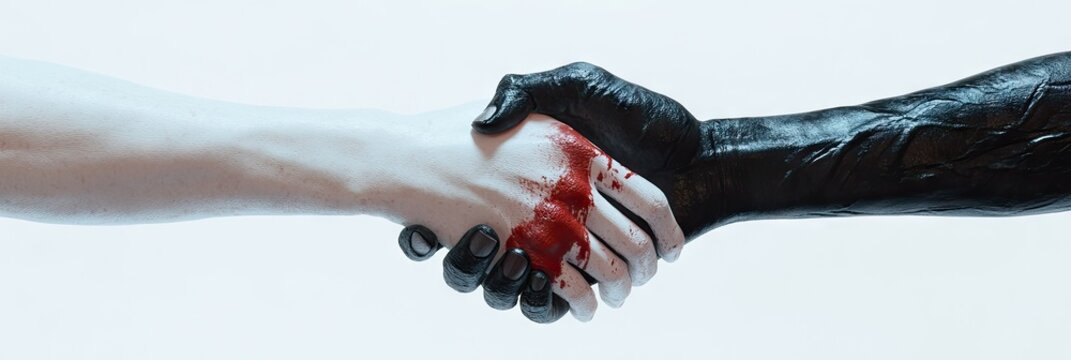 Two hands, one white, one dark, meet in a bloody handshake
