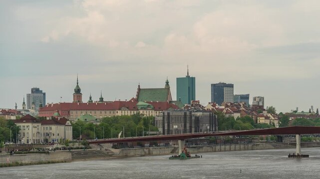 Warsaw Poland time lapse city skyline at Praga Footbridge and old town