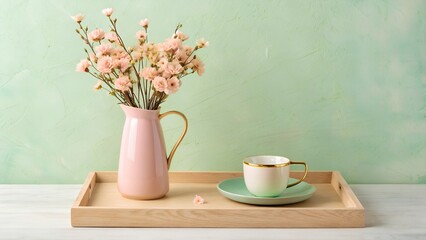 Pastel still life with pink jug of flowers and elegant teacup on wooden tray background