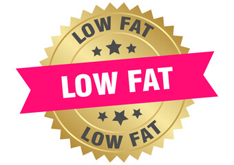 low fat. low fat round pink and gold label isolated on transparent background