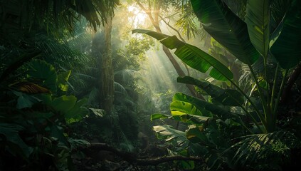 Lush jungle canopy bathed in ethereal sunbeams, vibrant green foliage and misty atmosphere