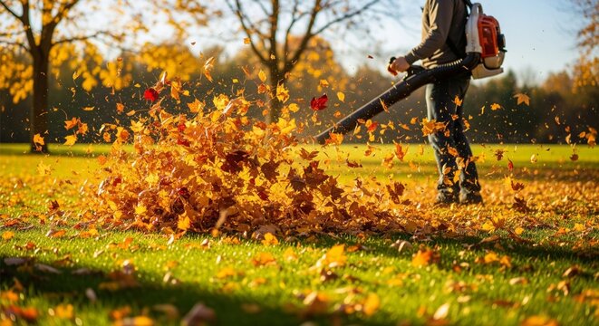 Leaf blower clearing golden autumn leaves from grass