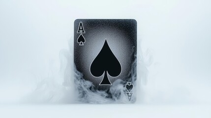 A striking ace of spades playing card emerges from a cloud of smoke, creating a dramatic and mysterious atmosphere.