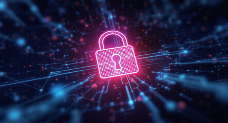 Digital network security visualization: A bright red padlock icon glows intensely amidst intricate patterns of blue light trails and data points on a dark, futuristic grid.