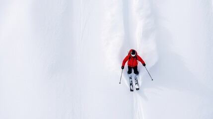 Aerial view of a skier wearing a red jacket skiing down a snowy slope, leaving tracks in the fresh powder snow