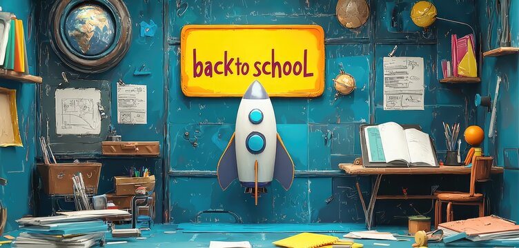 Hand-Drawn Cartoon Rocket in Space, with Floating Books and Planets, an Imaginative "Back to School" Illustration