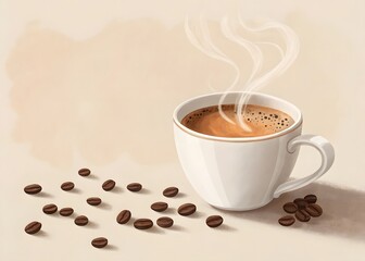Steaming cup of coffee with scattered beans on a light background