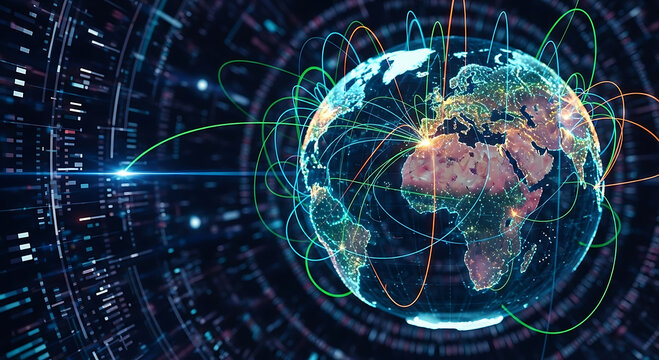 Global Network Connections: Futuristic Digital Earth with Illuminated Data Streams and Dynamic Lines.