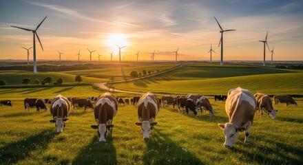 Cows graze peacefully in a sunlit meadow with wind turbines on the horizon