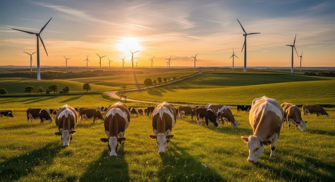 Cows graze peacefully in a sunlit meadow with wind turbines on the horizon