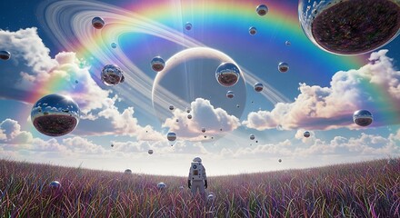 Astronaut standing in a field looking at a planet with rainbow and floating reflective spheres