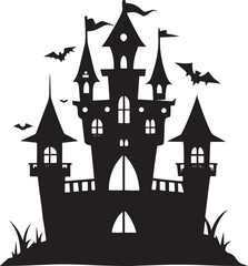  Spooky Halloween Castle Silhouette at Night – Haunted Gothic Tower Against Moonlight
