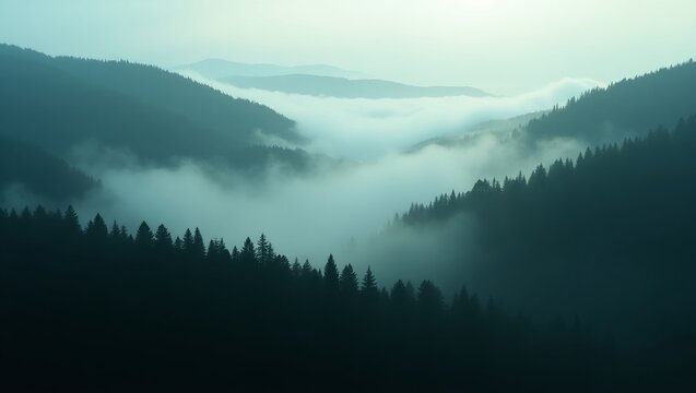 Dense Fog over Dark Pine Forest and Mountain Valleys