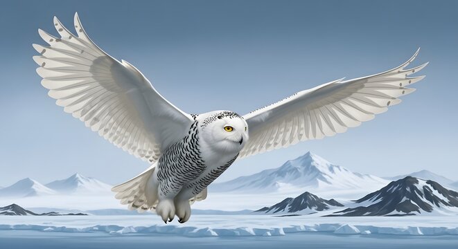 Snowy Owl Flying Over Arctic Landscape with Mountainous Background - Powered by Adobe