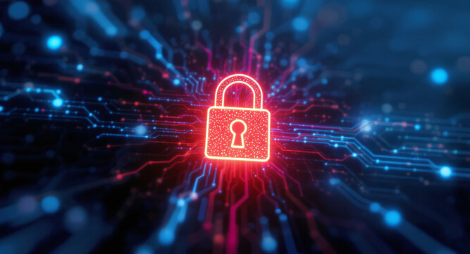 Digital network security visualization: A bright red padlock icon glows intensely amidst intricate patterns of blue light trails and data points on a dark, futuristic grid.
