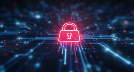 Digital network security visualization: A bright red padlock icon glows intensely amidst intricate patterns of blue light trails and data points on a dark, futuristic grid.