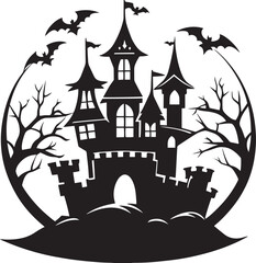  Spooky Halloween Castle Silhouette at Night – Haunted Gothic Tower Against Moonlight
