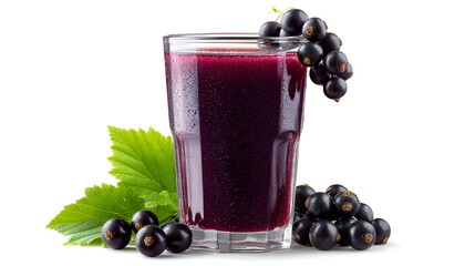 Refreshing beverage: A glass of dark berry juice, garnished with fresh berries and vibrant green leaves.