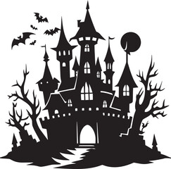  Spooky Halloween Castle Silhouette at Night – Haunted Gothic Tower Against Moonlight
