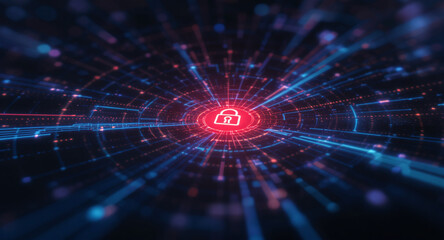 Digital network security visualization: A bright red padlock icon glows intensely amidst intricate patterns of blue light trails and data points on a dark, futuristic grid.