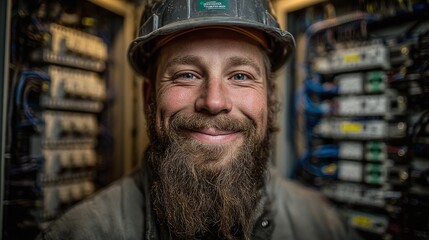 Electrician smiling in server room wearing protective gear. Portrait of technician in front of electrical panel, exuding confidence in the workplace.