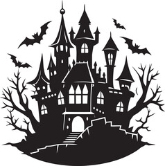  Spooky Halloween Castle Silhouette at Night – Haunted Gothic Tower Against Moonlight
