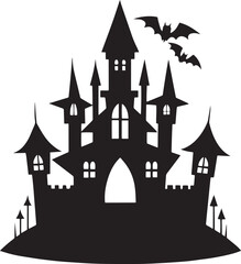  Spooky Halloween Castle Silhouette at Night – Haunted Gothic Tower Against Moonlight
